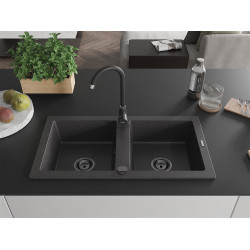 Mexen Mario  konyhai mosogató gránit 2 medence+ pop up szifon 820 x 436 mm, fekete köhatasu, szifon  fekete  - 6504822000-76-B 2 medencés