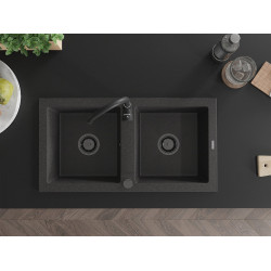 Mexen Mario  konyhai mosogató gránit 2 medence+ pop up szifon 820 x 436 mm, fekete köhatasu, szifon  fekete  - 6504822000-76-B 2 medencés