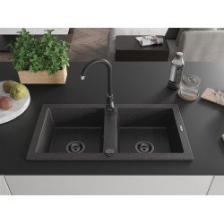 Mexen Mario  konyhai mosogató gránit 2 medence+ pop up szifon 820 x 436 mm, fekete köhatasu, szifon  fekete  - 6504822000-76-B 2 medencés