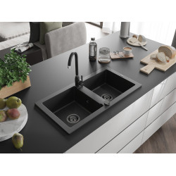Mexen Mario  konyhai mosogató gránit 2 medence+ pop up szifon 820 x 436 mm, fekete , szifon  fekete  - 6504822000-77-B 2 medencés 2 medencés 406959 Mexen