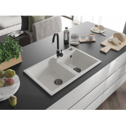 Mexen Tomas  konyhai mosogató gránit 2 medence+ pop up szifon 800 x 500 mm, fehér , szifon  fekete  - 6516802000-20-B 2 medencés 2 medencés 406959 Mexen