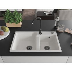 Mexen Tomas  konyhai mosogató gránit 2 medence+ pop up szifon 800 x 500 mm, fehér , szifon  fekete  - 6516802000-20-B 2 medencés