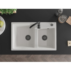 Mexen Tomas  konyhai mosogató gránit 2 medence+ pop up szifon 800 x 500 mm, fehér , szifon  fekete  - 6516802000-20-B 2 medencés
