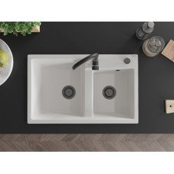 Mexen Tomas  konyhai mosogató gránit 2 medence+ pop up szifon 800 x 500 mm, fehér , szifon  fekete  - 6516802000-20-B 2 medencés