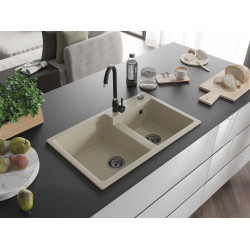 Mexen Tomas  konyhai mosogató gránit 2 medence+ pop up szifon 800 x 500 mm, beige, szifon  fekete  - 6516802000-69-B 2 medencés 2 medencés 406959 Mexen