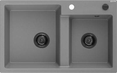Mexen Tomas  konyhai mosogató gránit 2 medence+ pop up szifon 800 x 500 mm, szürke , szifon  fekete  - 6516802000-71-B 2 medencés