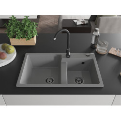 Mexen Tomas  konyhai mosogató gránit 2 medence+ pop up szifon 800 x 500 mm, szürke , szifon  fekete  - 6516802000-71-B 2 medencés