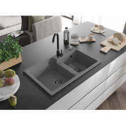 Mexen Tomas  konyhai mosogató gránit 2 medence+ pop up szifon 800 x 500 mm, szürke , szifon  fekete  - 6516802000-71-B 2 medencés 2 medencés 406959 Mexen