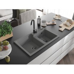 Mexen Tomas  konyhai mosogató gránit 2 medence+ pop up szifon 800 x 500 mm, szürke , szifon  fekete  - 6516802000-71-B 2 medencés 2 medencés 406959 Mexen