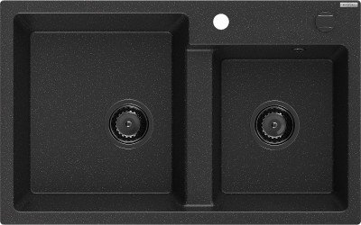 Mexen Tomas  konyhai mosogató gránit 2 medence+ pop up szifon 800 x 500 mm, fekete / króm, szifon  fekete  - 6516802000-73-B 2 medencés