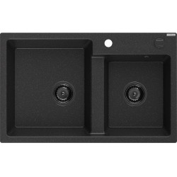 Mexen Tomas  konyhai mosogató gránit 2 medence+ pop up szifon 800 x 500 mm, fekete / króm, szifon  fekete  - 6516802000-73-B 2 medencés 2 medencés 406959 Mexen