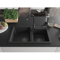 Mexen Tomas  konyhai mosogató gránit 2 medence+ pop up szifon 800 x 500 mm, fekete / króm, szifon  fekete  - 6516802000-73-B 2 medencés