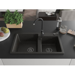 Mexen Tomas  konyhai mosogató gránit 2 medence+ pop up szifon 800 x 500 mm, fekete / arany, szifon  fekete  - 6516802000-75-B 2 medencés