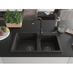 Mexen Tomas  konyhai mosogató gránit 2 medence+ pop up szifon 800 x 500 mm, fekete / arany, szifon  fekete  - 6516802000-75-B 2 medencés