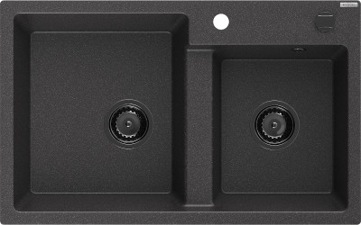 Mexen Tomas  konyhai mosogató gránit 2 medence+ pop up szifon 800 x 500 mm, fekete köhatasu, szifon  fekete  - 6516802000-76-B 2 medencés