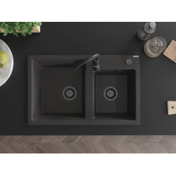 Mexen Tomas  konyhai mosogató gránit 2 medence+ pop up szifon 800 x 500 mm, fekete köhatasu, szifon  fekete  - 6516802000-76-B 2 medencés