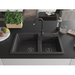 Mexen Tomas  konyhai mosogató gránit 2 medence+ pop up szifon 800 x 500 mm, fekete köhatasu, szifon  fekete  - 6516802000-76-B 2 medencés