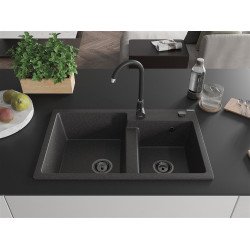 Mexen Tomas  konyhai mosogató gránit 2 medence+ pop up szifon 800 x 500 mm, fekete köhatasu, szifon  fekete  - 6516802000-76-B 2 medencés