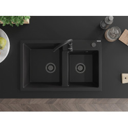 Mexen Tomas  konyhai mosogató gránit 2 medence+ pop up szifon 800 x 500 mm, fekete , szifon  fekete  - 6516802000-77-B 2 medencés
