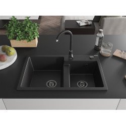 Mexen Tomas  konyhai mosogató gránit 2 medence+ pop up szifon 800 x 500 mm, fekete , szifon  fekete  - 6516802000-77-B 2 medencés