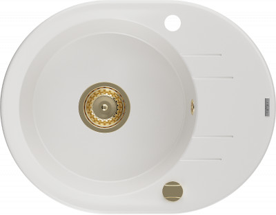 Mexen Kevin  konyhai mosogató gránit 1 körmedence+csepegtetö+ pop up szifon  586 x 458 mm, fehér , szifon  arany  - 6517581005-20-G Kör medencés