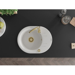 Mexen Kevin  konyhai mosogató gránit 1 körmedence+csepegtetö+ pop up szifon  586 x 458 mm, fehér , szifon  arany  - 6517581005-20-G Kör medencés