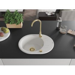 Mexen Kevin  konyhai mosogató gránit 1 körmedence+csepegtetö+ pop up szifon  586 x 458 mm, fehér , szifon  arany  - 6517581005-20-G Kör medencés