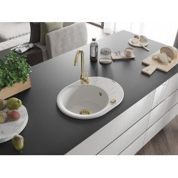 Mexen Kevin  konyhai mosogató gránit 1 körmedence+csepegtetö+ pop up szifon  586 x 458 mm, fehér , szifon  arany  - 6517581005-20-G Kör medencés Konyhai mosogató tálca 406959 Mexen