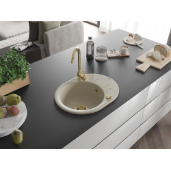 Mexen Kevin  konyhai mosogató gránit 1 körmedence+csepegtetö+ pop up szifon  586 x 458 mm, beige, szifon  arany  - 6517581005-69-G Kör medencés Konyhai mosogató tálca 406959 Mexen