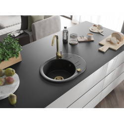 Mexen Kevin  konyhai mosogató gránit 1 körmedence+csepegtetö+ pop up szifon  586 x 458 mm, fekete / króm, szifon  arany  - 6517581005-73-G Kör medencés Konyhai mosogató tálca 406959 Mexen