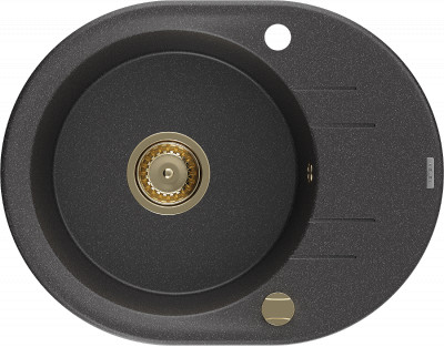 Mexen Kevin  konyhai mosogató gránit 1 körmedence+csepegtetö+ pop up szifon  586 x 458 mm, fekete köhatasu, szifon  arany  - 6517581005-76-G Kör medencés