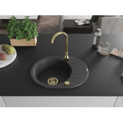 Mexen Kevin  konyhai mosogató gránit 1 körmedence+csepegtetö+ pop up szifon  586 x 458 mm, fekete köhatasu, szifon  arany  - 6517581005-76-G Kör medencés