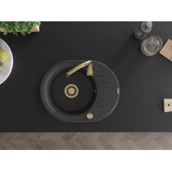 Mexen Kevin  konyhai mosogató gránit 1 körmedence+csepegtetö+ pop up szifon  586 x 458 mm, fekete köhatasu, szifon  arany  - 6517581005-76-G Kör medencés