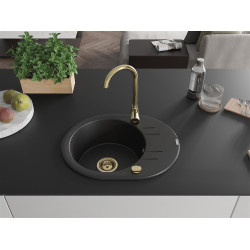 Mexen Kevin  konyhai mosogató gránit 1 körmedence+csepegtetö+ pop up szifon  586 x 458 mm, fekete , szifon  arany  - 6517581005-77-G Kör medencés