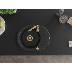 Mexen Kevin  konyhai mosogató gránit 1 körmedence+csepegtetö+ pop up szifon  586 x 458 mm, fekete , szifon  arany  - 6517581005-77-G Kör medencés