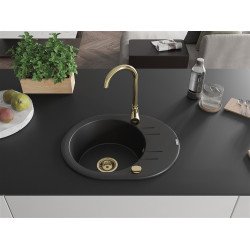 Mexen Kevin  konyhai mosogató gránit 1 körmedence+csepegtetö+ pop up szifon  586 x 458 mm, fekete , szifon  arany  - 6517581005-77-G Kör medencés
