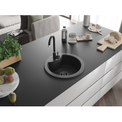 Mexen Diego  konyhai mosogató gránit 1 körmedence+ pop up szifon 488 x 480 mm, fekete köhatasu, szifon  fekete  - 6512481000-76-B Kör medencés Konyhai mosogató tálca 406959 Mexen