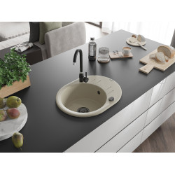 Mexen Kevin  konyhai mosogató gránit 1 körmedence+csepegtetö+ pop up szifon  586 x 458 mm, beige, szifon  fekete  - 6517581005-69-B Kör medencés Konyhai mosogató tálca 406959 Mexen
