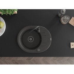 Mexen Kevin  konyhai mosogató gránit 1 körmedence+csepegtetö+ pop up szifon  586 x 458 mm, fekete köhatasu, szifon  fekete  - 6517581005-76-B Kör medencés