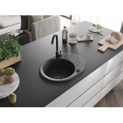 Mexen Kevin  konyhai mosogató gránit 1 körmedence+csepegtetö+ pop up szifon  586 x 458 mm, fekete köhatasu, szifon  fekete  - 6517581005-76-B Kör medencés Konyhai mosogató tálca 406959 Mexen