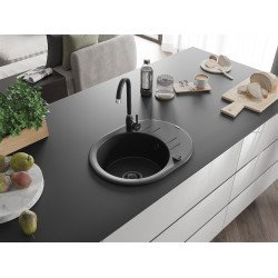 Mexen Kevin  konyhai mosogató gránit 1 körmedence+csepegtetö+ pop up szifon  586 x 458 mm, fekete , szifon  fekete  - 6517581005-77-B Kör medencés Konyhai mosogató tálca 406959 Mexen