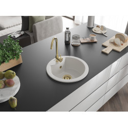 Mexen Diego  konyhai mosogató gránit 1 körmedence+ pop up szifon 488 x 480 mm, fehér , szifon  arany  - 6512481000-20-G Kör medencés