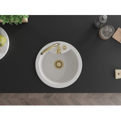 Mexen Diego  konyhai mosogató gránit 1 körmedence+ pop up szifon 488 x 480 mm, fehér , szifon  arany  - 6512481000-20-G Kör medencés