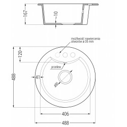 Mexen Diego  konyhai mosogató gránit 1 körmedence+ pop up szifon 488 x 480 mm, szürke , szifon  arany  - 6512481000-71-G Kör medencés