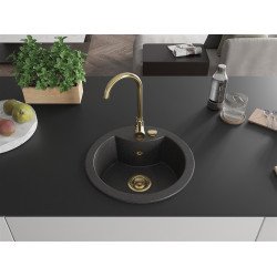 Mexen Diego  konyhai mosogató gránit 1 körmedence+ pop up szifon 488 x 480 mm, fekete köhatasu, szifon  arany  - 6512481000-76-G Kör medencés
