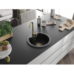 Mexen Diego  konyhai mosogató gránit 1 körmedence+ pop up szifon 488 x 480 mm, fekete , szifon  arany  - 6512481000-77-G Kör medencés Konyhai mosogató tálca 406594 Mexen