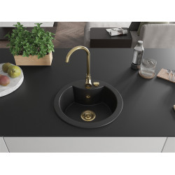 Mexen Diego  konyhai mosogató gránit 1 körmedence+ pop up szifon 488 x 480 mm, fekete , szifon  arany  - 6512481000-77-G Kör medencés
