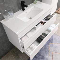 Cube Fürdöszobabútor 100 cm kerámia mosdóval (2 fiókos) tükörrel 60x100 cm magasfényü festett fehér Komplett fürdöszoba butor