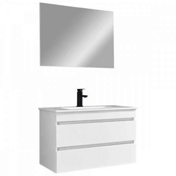 Cube Fürdöszobabútor 80 cm kerámia mosdóval (2 fiókos) tükörrel 60x80 cm magasfényü festett fehér Komplett fürdöszoba butor