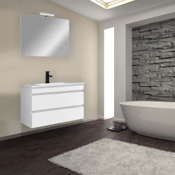 Cube Fürdöszobabútor 80 cm kerámia mosdóval (2 fiókos) tükörrel 60x80 cm magasfényü festett fehér Komplett fürdöszoba butor